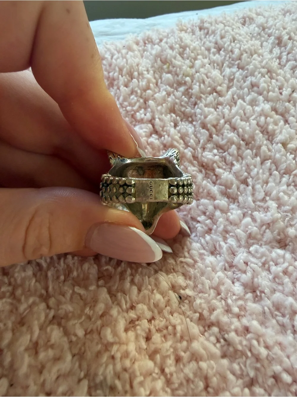 Gucci Silver Wolf Head Ring with Sun Motif